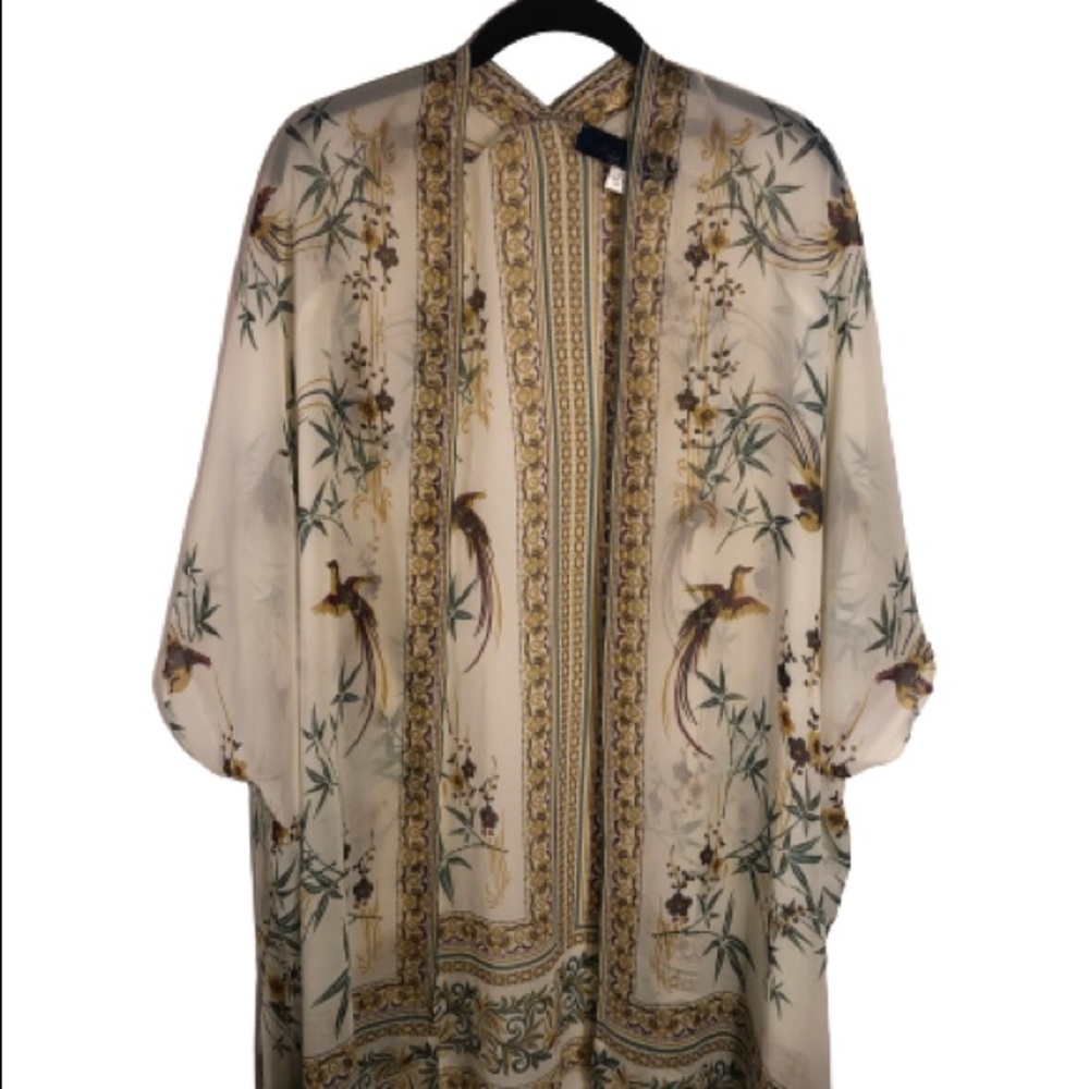 Francesca’s Blue Rain Sheer Cream Bird & Floral Print Kimono Size Large